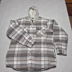 Wrangler Authentics Mens Plaid Hooded Flannel Shirt Jacket Gray White L NEW